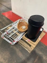 PALLET OF ASSORTED ITEMS TO INCLUDE CLOTHES RAILING RACKS, BLACK PLASTIC BIN, BLACK TRAYS, HAMPER BASKETS