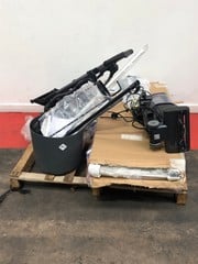 PALLET OF ASSORTED ITEMS TO INCLUDE BATHROOM RADIATOR , SHARK HOOVER, GREY PLASTIC BIN