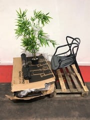 PALLET OF ASSORTED ITEMS TO INCLUDE GRAVITY SIDE CHAIRS AND TABLE, HOUSEHOLD PLANT, BROWN RUG