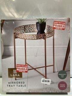 1 X LANA ROSE GOLD MIRRORED TRAY TABLE WITH REMOVABLE TRAY TOP, 1 X 3PC LED LIGHT STRIPS, 1 X SMARTY POPS HIGH CHAIR SUITABLE FOR CHILDREN UP TO AGE 3