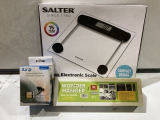 A QTY OF ASSORTED 19522454 ITEMS TO INCLUDE SALTER GLASS ELECTRONIC SCALE, DOGGY COOL SELF COOLING MAT