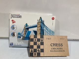 BOX OF ASSORTED TOYS TO INCLUDE RAVENSBURGER 3D PUZZLE TOWER BRIDGE 17.4CM X 17.4CM X 33.6CM