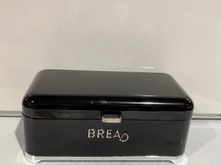 BOX OF ASSORTED ITEMS TO INCLUDE BLACK METAL BREAD BIN