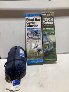 BOX OF ASSORTED ITEMS TO INCLUDE GELERT TRYFAN CLASSIC DL SLEEPING BAG & MAYPOLE BC2040 REAR 3 CYCLE CARRIER