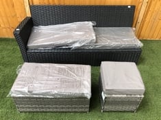 BLACK RATTAN GARDEN SOFA - 3 SEATER (PART) TO INCLUDE 2 X RATTAN FOOTSTOOL WITH CUSHION IN GREY (1 X RECTANGLE SHAPE / 1 X SQUARE SHAPE) (KERBSIDE PALLET DELIVERY)