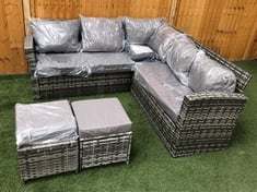 OUTDOOR L SHAPED RATTAN GARDEN SOFA IN GREY WITH 2 X FOOTSTOOLS AND COVER (KERBSIDE PALLET DELIVERY)