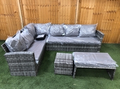 6 SEATER RATTAN GARDEN FURNITURE SET IN GREY WITH GREY CUSHIONS TO INCLUDE RECTANGULAR SIDE TABLE, 1 X SMALL STOOL AND FURNITURE COVER IN BLACK (KERBSIDE PALLET DELIVERY)