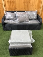 3 SEATER GARDEN SOFA IN BLACK WITH GREY CUSHIONS TO INCLUDE SQUARE GLASS TOP COFFEE TABLE IN BLACK (KERBSIDE PALLET DELIVERY)