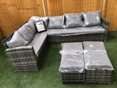 2 CORNER 3 OUTDOOR RATTAN SEATING SET IN GREY WITH CUSHIONS TO INCLUDE 4 X FOOTSTOOLS (KERBSIDE PALLET DELIVERY)