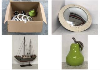 BOX OF ASSORTED STONE THE CROWS ORNAMENTS/MIRRORS TO INCLUDE LARGE PEAR ORNAMENT NEON GREEN