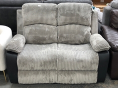 LIGHT GREY JUMBO CORD & BLACK FAUX LEATHER 2 SEATER MANUAL RECLINING SOFA