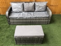 MIXED GREY RATTAN 3 SEATER GARDEN SOFA TO INCLUDE MIXED GREY RATTAN BENCH ALL WITH GREY CUSHIONS