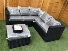 BLACK RATTAN CORNER GARDEN SOFA WITH GREY CUSHIONS TO INCLUDE BLACK RATTAN SQUARE STOOL WITH GREY CUSHION