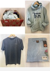 BOX OF ASSORTED ADULT CLOTHING TO INCLUDE FAT FACE LIGHT BLUE EMBROIDERED 1988 HOODIE IN SIZE 16