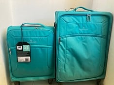 2 X FEATHERSTONE SOFT 4 WHEEL CABIN SUITCASES IN TURQUOISE - SMALL AND MEDIUM