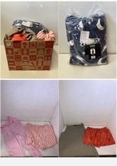 BOX OF ASSORTED ADULTS CLOTHING TO INCLUDE OHS CELESTIAL PRINT HOODIE BLANKET IN NAVY