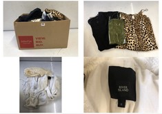 BOX OF ASSORTED ADULTS CLOTHING TO INCLUDE RIVER ISLAND WOMEN'S SLEEVELESS DRESS - ANIMAL PRINT / BLACK UK 12