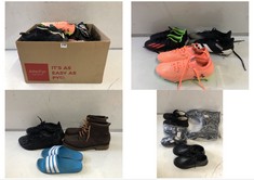 BOX OF ASSORTED CHILDREN'S SHOES TO INCLUDE UNDER ARMOUR BOYS FOOTBALL BOOTS IN NEON ORANGE - SIZE UK 3