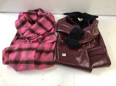 WAREHOUSE PREMIUM BRUSHED CHECK TAILORED COAT - PINK UK 8 - RRP £139 TO INCLUDE WAREHOUSE FAUX LEATHER METALLIC BONDED MAXI AVIATOR COAT - BURGUNDY UK 8 - RRP £189