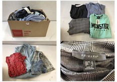 BOX OF ASSORTED ADULTS CLOTHING TO INCLUDE SUPERDRY MEN'S COTTON LOGO T-SHIRT IN GREY SIZE XL