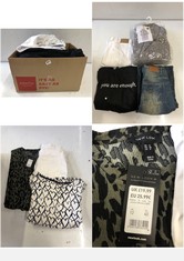 BOX OF ASSORTED ADULTS CLOTHING TO INCLUDE ZARA WOMEN'S DENIM JEANS IN WHITE SIZE 42