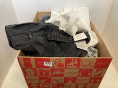 BOX OF ASSORTED ADULTS CLOTHING TO INCLUDE ZARA FLARE WOMEN'S JEANS - WASHED BLACK SIZE 42