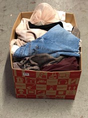 BOX OF ASSORTED ADULTS CLOTHING TO INCLUDE BERSHKA VINTAGE DENIM SKIRT - BLUE SIZE 38