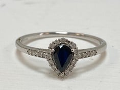 LOVE GEM 9CT WHITE GOLD PEAR BLUE SAPPHIRE AND 0.12CT DIAMOND RING - RRP £399