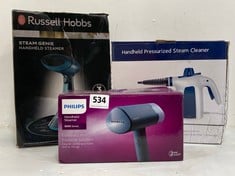 3 X ASSORTED ITEMS TO INCLUDE RUSSELL HOBBS STEAM GENIE HANDHELD STEAMER