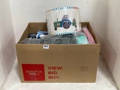 BOX OF ASSORTED JOHN LEWIS HOUSE ACCESSORIES TO INCLUDE TRACKER LIGHT SHADE, GALT SPACE LAB CRAFT SET