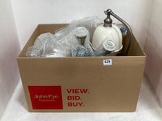 BOX OF ASSORTED JOHN LEWIS HOUSEHOLD ACCESSORIES TO INCLUDE BALDWIN TABLE LAMP IN BRASS AND CREAM