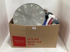 BOX OF ASSORTED JOHN LEWIS HOUSEHOLD ACCESSORIES TO INCLUDE THOMAS KENT LONDON WALL CLOCK