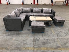 2 SEATER, CORNER, 3 SEATER RATTAN GARDEN SOFA SET TO INCLUDE GLASS TOP COFFEE TABLE TO INCLUDE 2 X FOOTSTOOLS IN GREY (ZONE 2)