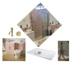 900 MM DUSTY PINK L SHAPE HARPER GROVE PASTILE RANGE UNIT WITH BRUSHED BRASS HANDLES, BRUSHED BRASS FLUSH BUTTON & 900MM L SHAPE BASIN TO INCLUDE OTTONE BB TAP TO INCLUDE BRUSHED BRASS OVERFLOW TO IN