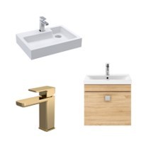 L SHAPED 1 TAP HOLE POLYMARBLE BASIN 503MM TO INCLUDE NUIE ATHENA 500MM 1 DRAWER WALL HUNG VANITY UNIT WITH BASIN & SQUARE KNOB - NATURAL OAK TO INCLUDE WINDON / WINDON MONO BASIN MIXER WITH PUSH BUT