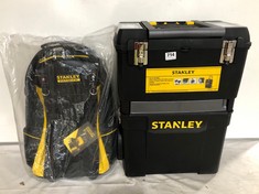 STANLEY 55.1L MOBILE WORK CENTRE WITH METAL LATCHES TO INCLUDE STANLEY FATMAX 36CM/14" 2-WHEELED TOOL BAG BLACK/YELLOW