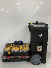 5 X ASSORTED TOOL ITEMS TO INCLUDE STANLEY 55.1L MOBILE WORK CENTRE WITH METAL LATCHES