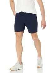 25X ASSORTED LEG WEAR TO INCLUDE ESSENTIALS MEN'S SLIM-FIT 7-INCH INSEAM STRETCH 5-POCKET SHORTS, MIDNIGHT BLUE, 36W, ESSENTIALS MEN'S SLIM-FIT 7-INCH INSEAM STRETCH 5-POCKET SHORTS, DARK GREY, 33W,