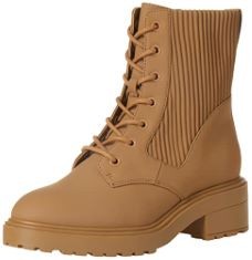 12X ASSORTED SHOES TO INCLUDE ESSENTIALS WOMEN'S RUBBERISED COMBAT BOOT WITH CHUNKY OUTSOLE, DARK TAN, 4 UK WIDE, ESSENTIALS WOMEN'S SLIP-ON TRAINERS, RED, 7 UK.