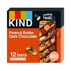 18 X KIND BARS, GLUTEN FREE SNACK BARS, PEANUT BUTTER DARK CHOCOLATE, HEALTHY SNACK, NO ARTIFICIAL COLOURS, FLAVOURS OR PRESERVATIVES, MULTIPACK 12 X 40G BBE 12/09/24.