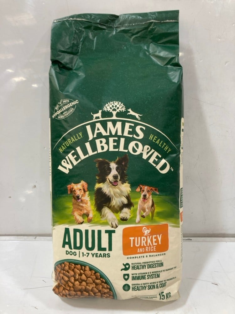 8 X JAMES WELLBELOVED ADULT DOG FOOD 1-7 YEARS TURKEY AND RICE FLAVOUR 15KG PER BAG BBE: 01/10/24 (KERBSIDE PALLET DELIVERY)