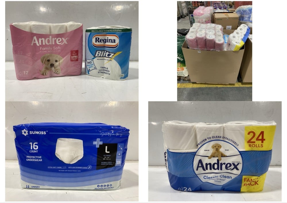 PALLET OF ASSORTED TOILET ROLLS TO INCLUDE ANDREX FAMILY SOFT 12 ROLL PACK (KERBSIDE PALLET DELIVERY)