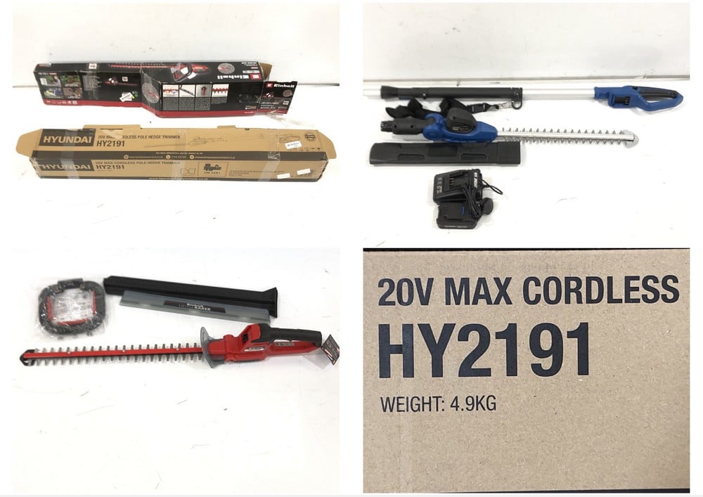 2 X ASSORTED ITEMS TO INCLUDE HYUNDAI 20V CORDLESS POLE HEDGE TRIMMER MODEL: HY2191