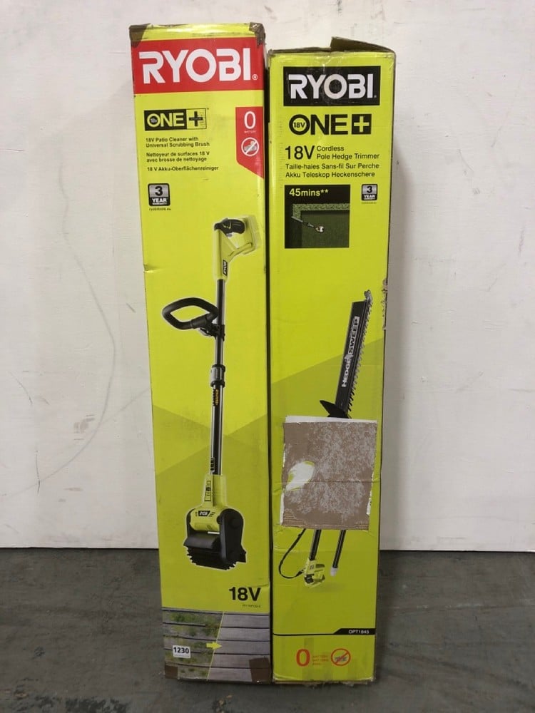 RYOBI ONE PATIO CLEANER WITH UNIVERSAL SCRUBBING BRUSH MODEL: RY18PCB-0 TO INCLUDE RYOBI ONE CORDLESS HEDGE TRIMMER MODEL: OPT1845