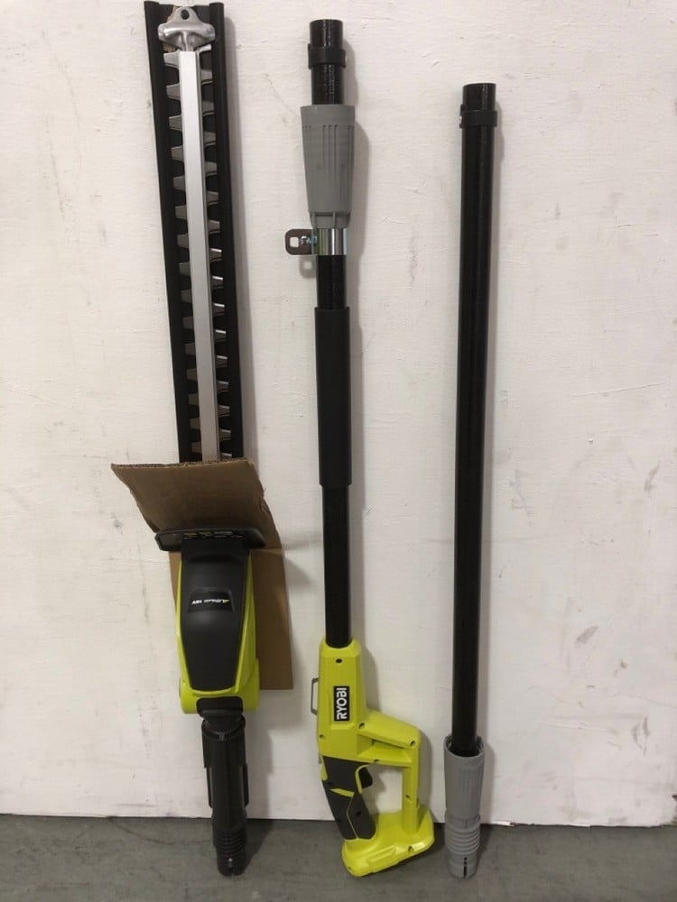 RYOBI ONE CORDLESS POLE HEDGE TRIMMER MODEL: OPT1845 TO INCLUDE RYOBI ONE PATIO CLEANER WITH WIRE BRUSH MODEL: RY18PCA-0