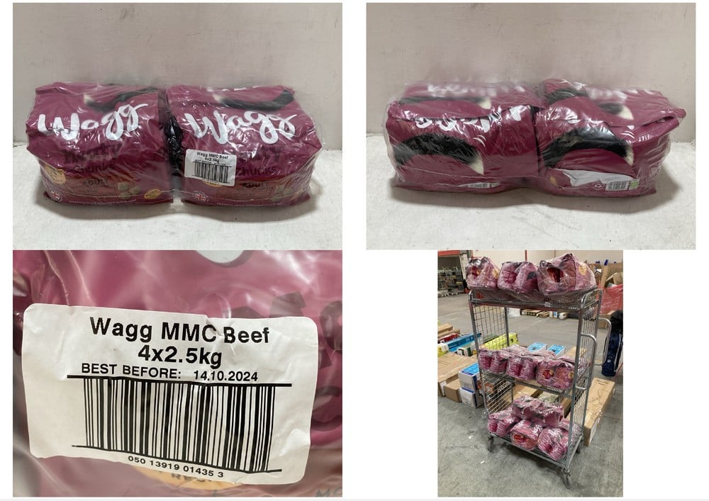 CAGE OF 10 X PACKS OF 4 WAGG MEATY CHUNKS ADULT DOG FOOD BEEF FLAVOURED 2.5KG PER BAG BBE: 14/10/24 (CAGE NOT INCLUDED) (KERBSIDE PALLET DELIVERY)