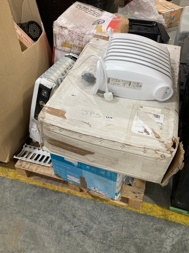 PALLET OF ASSORTED ITEMS TO INCLUDE DELONGHI DRAGON 4 PRO ELECTRIC OIL FILLED RADIATOR (KERBSIDE PALLET DELIVERY)