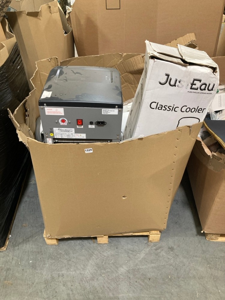 PALLET OF ASSORTED ITEMS TO INCLUDE JUST EAU CLASSIC WATER COOLER (KERBSIDE PALLET DELIVERY)