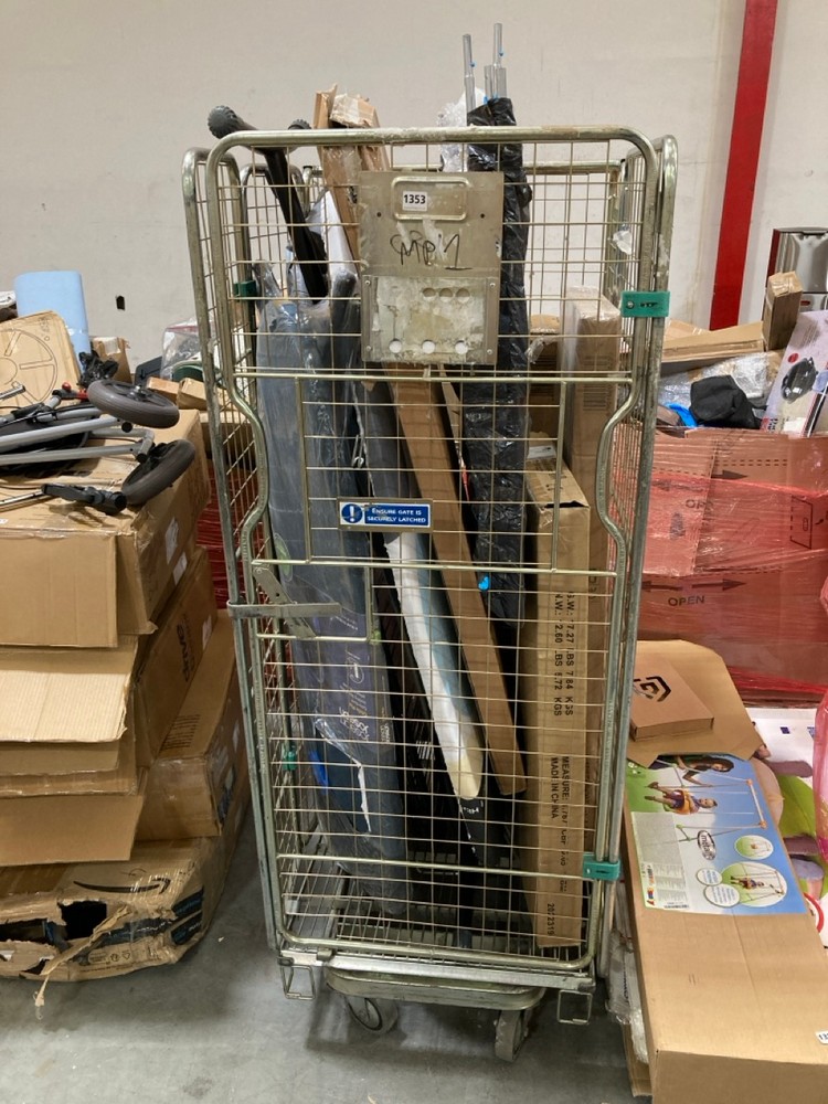 CAGE OF ASSORTED ITEMS TO INCLUDE JOSEPH JOSEPH GLIDE PLUS EASY STORE IRONING BOARD IN BLUE (CAGE NOT INCLUDED) (KERBSIDE PALLET DELIVERY)