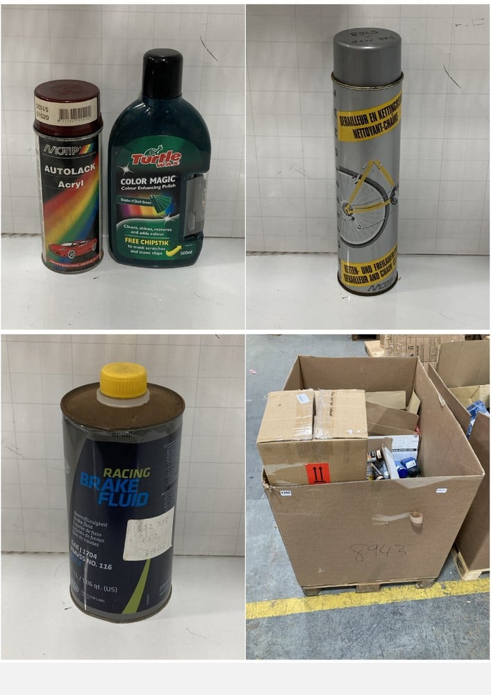 PALLET OF ASSORTED ITEMS TO INCLUDE RACING BRAKE FLUID (COLLECTION ONLY)